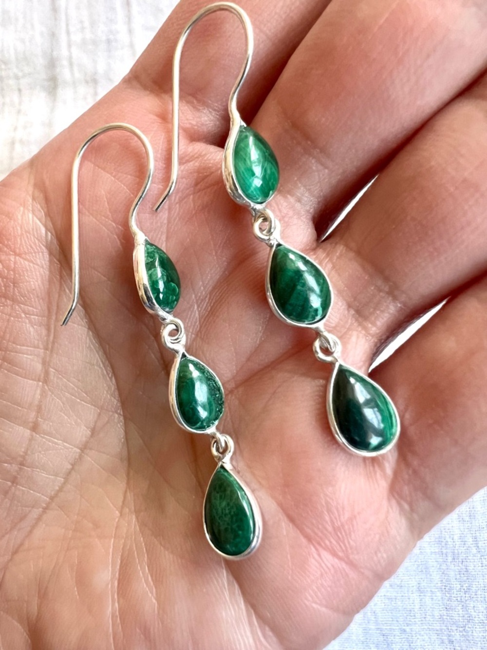 925 Malachite 3 Stone Dangle Earrings - Picture 6 of 7